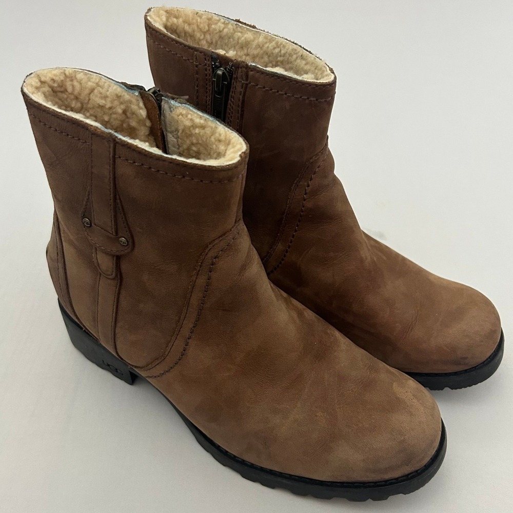 UGG Boots‎ Women 8 Brown Blakely Ankle Leather Shearling Lined Waterproof Zip Up